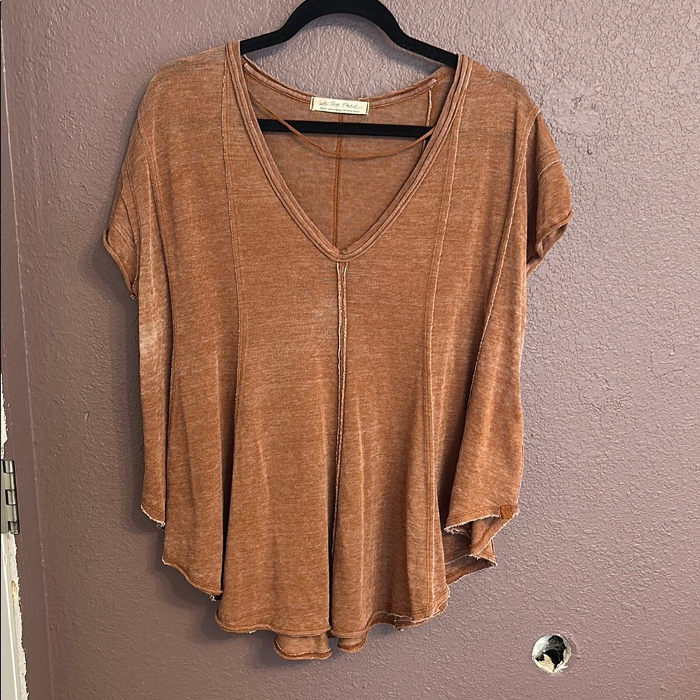 Free People Tan V-Neck Short Sleeve Top